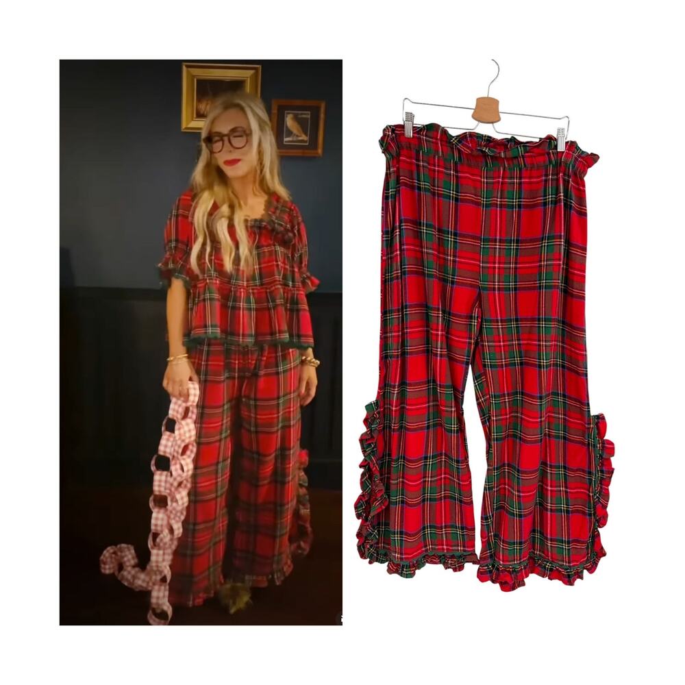 Elizabeth Wilson Polly Pajama Pants Red Plaid‎ Ruffle Trim Cotton Size 3XL